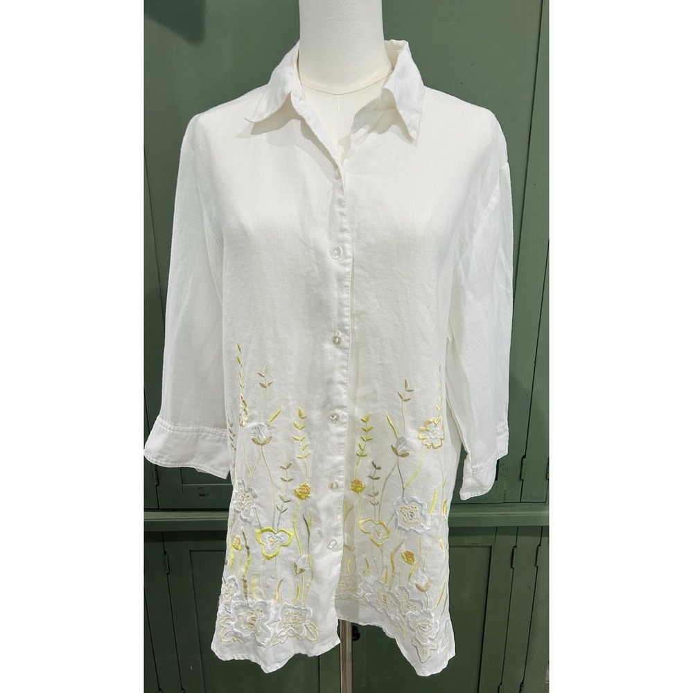 Jordan Blue Womens 100% Linen Button Up Tunic Top Size M Floral Embroidered Boho